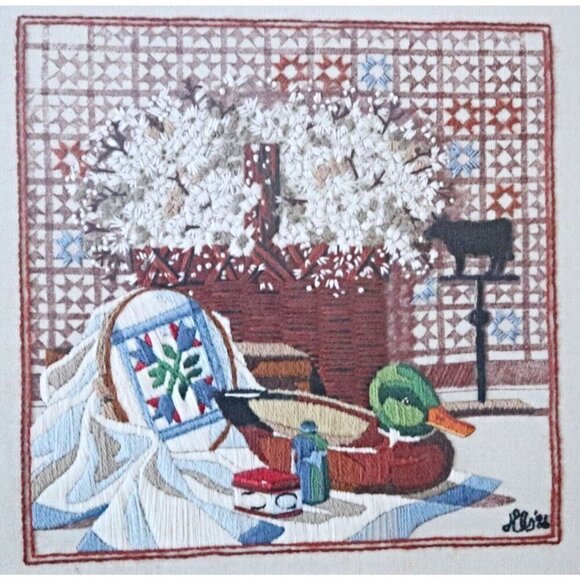 Vintage Cross Stitch Duck Basket of Flowers Framed Wall Hanging Needlepoint 1970 - Picture 2 of 4